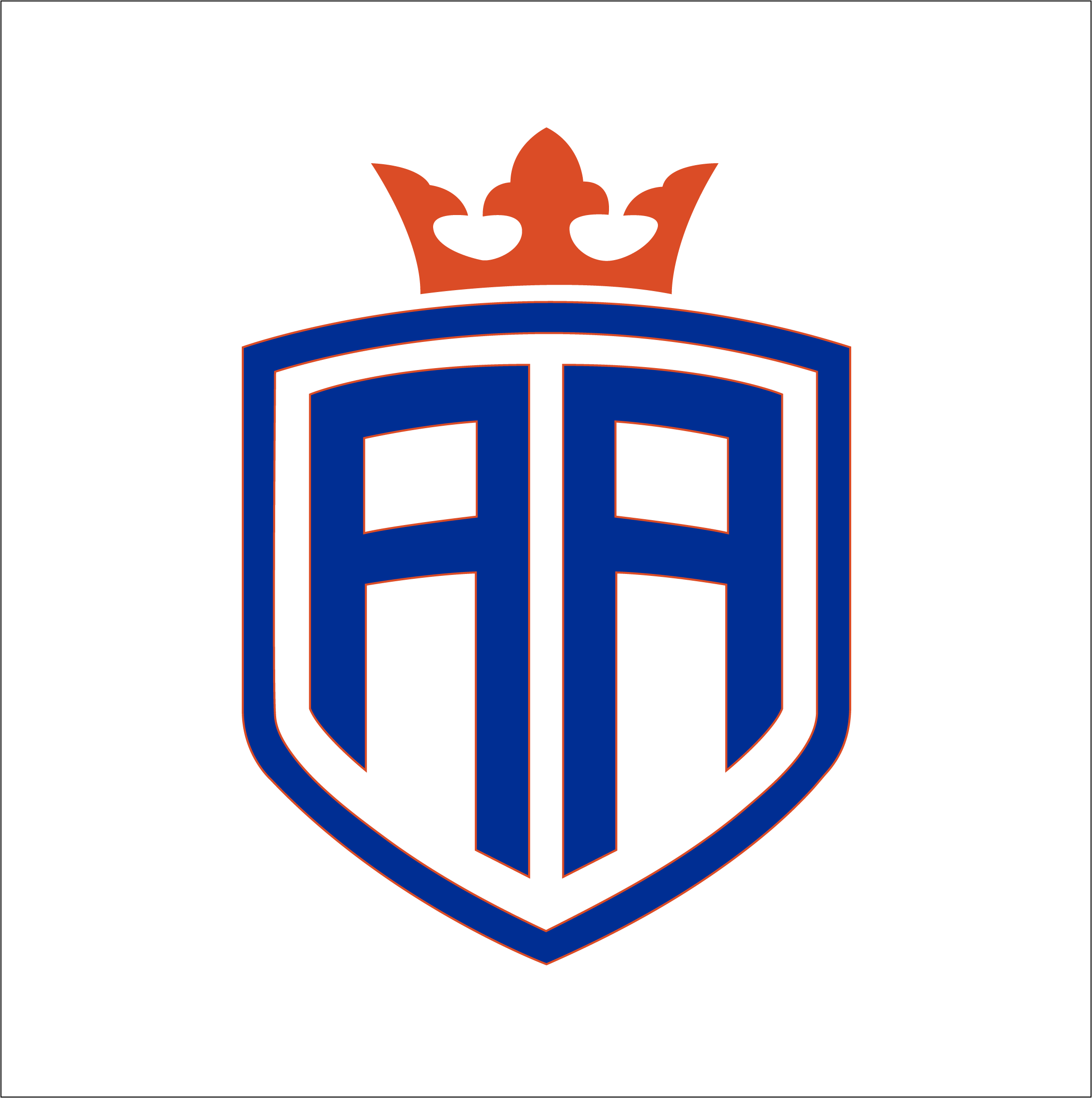 A blue and white shield with an orange crown.